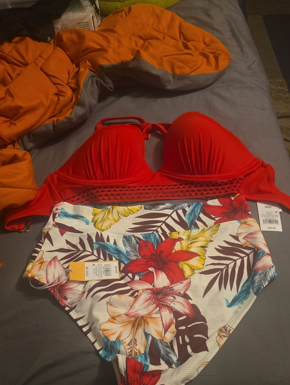 Shade & Shore Red Bikini Top with Tropical Floral High-Waist Bottoms